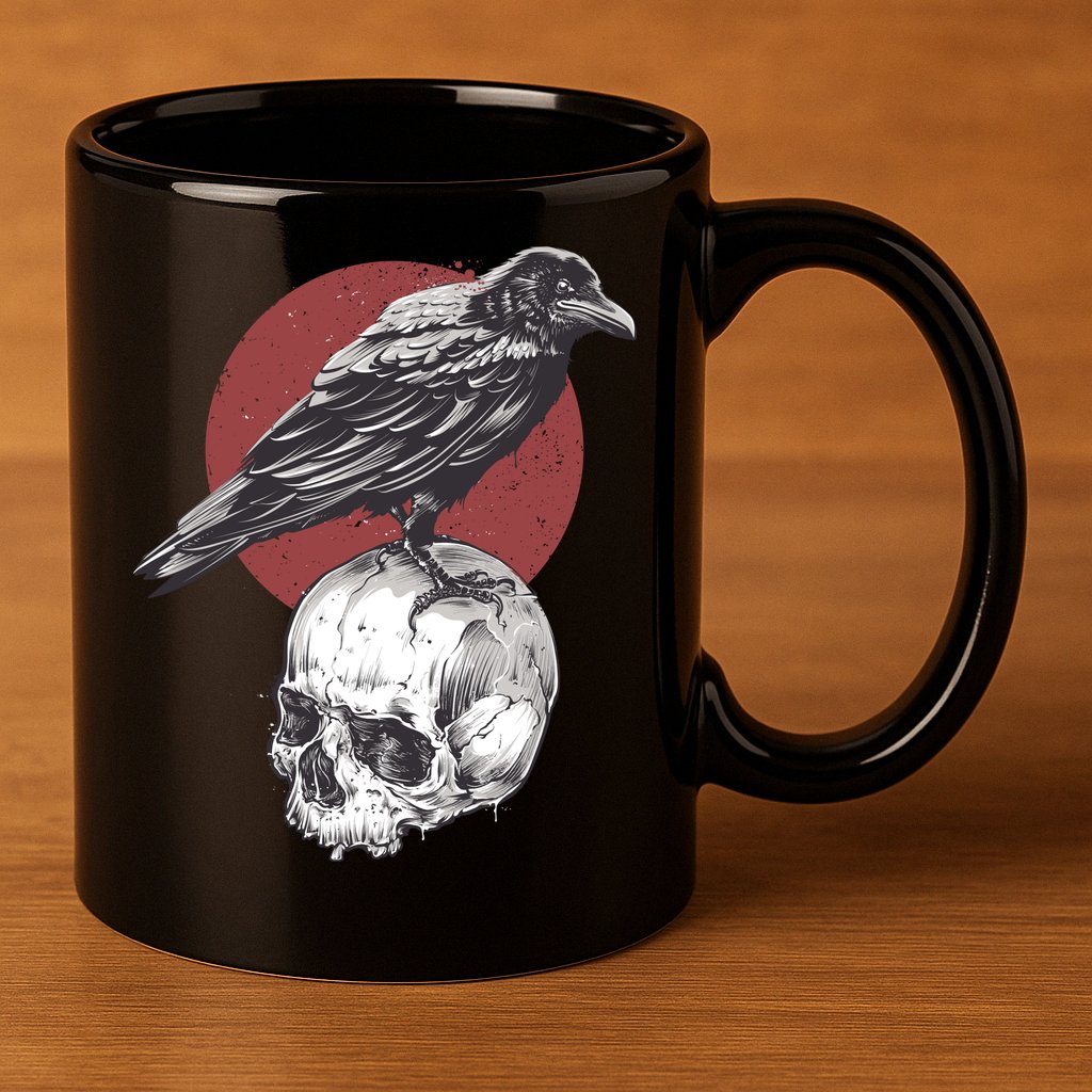 Raven On Skull 11oz C Handle Ceramic Mug