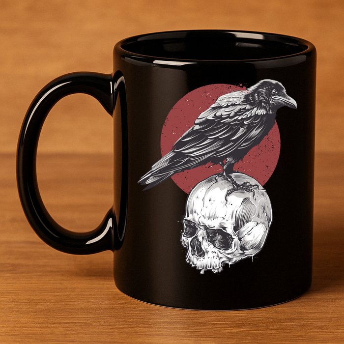Raven On Skull 11oz C Handle Ceramic Mug