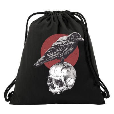 Raven On Skull Drawstring Bag