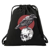 Raven On Skull Drawstring Bag