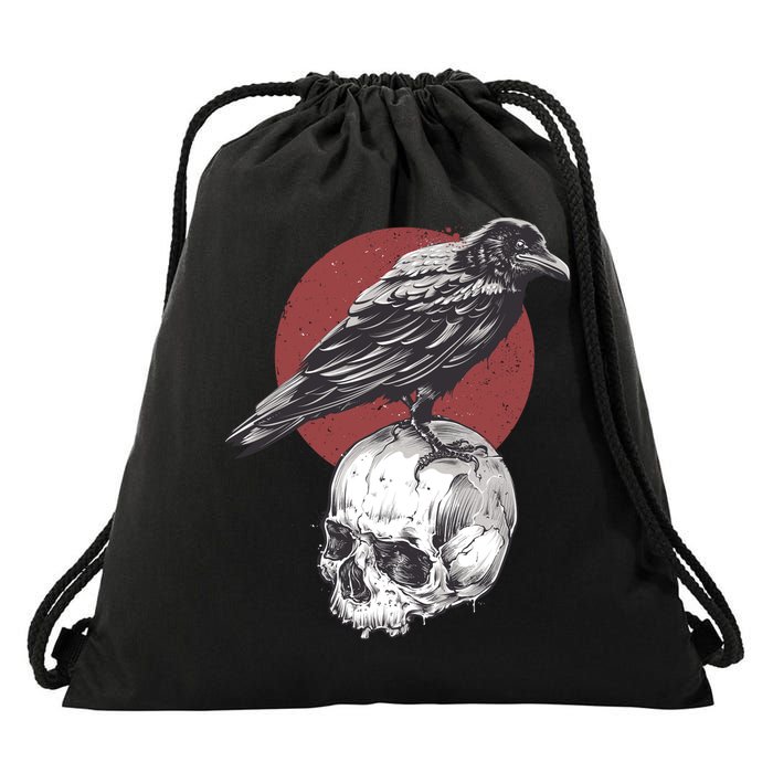 Raven On Skull Drawstring Bag