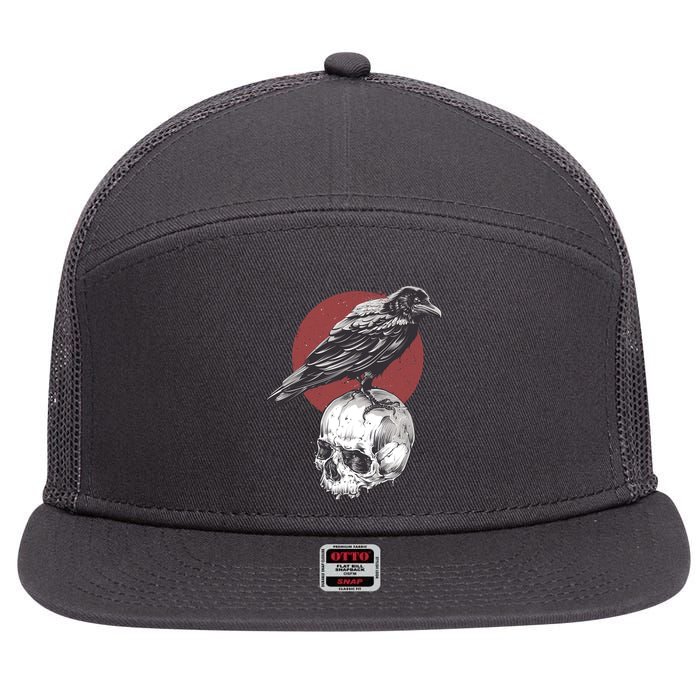 Raven On Skull 7 Panel Mesh Trucker Snapback Hat