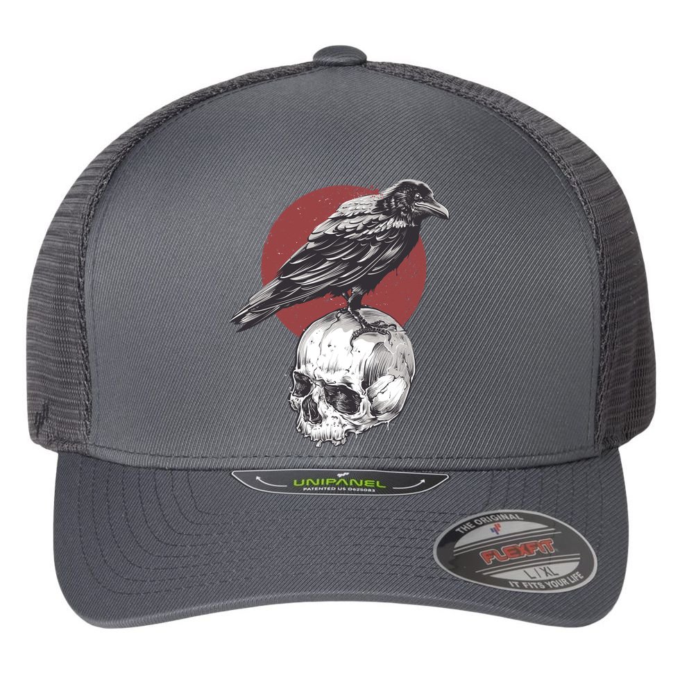 Raven On Skull Flexfit Unipanel Trucker Cap