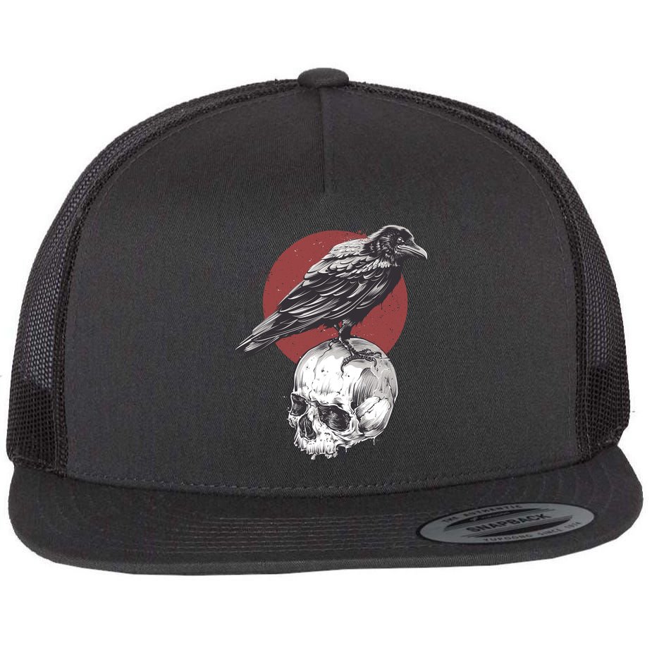 Raven On Skull Flat Bill Trucker Hat