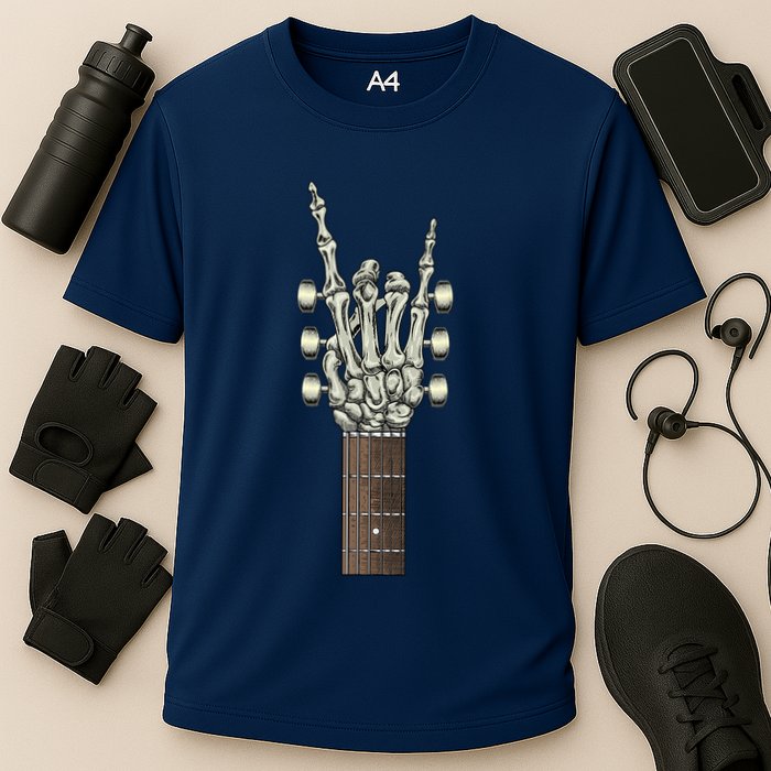 Rock On Skeleton Hand Guitar Rock & Roll Cooling Performance Crew T-Shirt