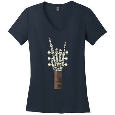 Rock On Skeleton Hand Guitar Rock & Roll Women's V-Neck T-Shirt