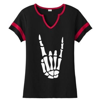 Rock On Skeleton Hand Sign Minimalistic Halloween Costume Ladies Halftime Notch Neck Tee