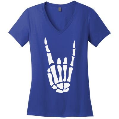 Rock On Skeleton Hand Sign Minimalistic Halloween Costume Women's V-Neck T-Shirt