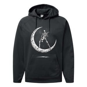 Rock On Skeleton Moon Rock And Roll Funny Halloween Performance Fleece Hoodie