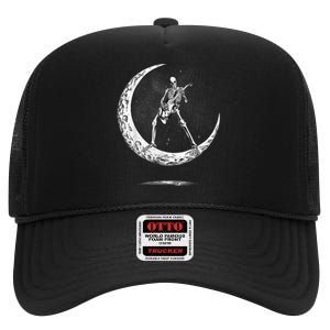 Rock On Skeleton Moon Rock And Roll Funny Halloween High Crown Mesh Back Trucker Hat