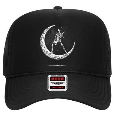 Rock On Skeleton Moon Rock And Roll Funny Halloween High Crown Mesh Back Trucker Hat