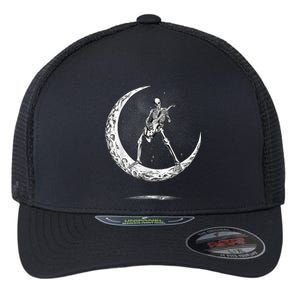 Rock On Skeleton Moon Rock And Roll Funny Halloween Flexfit Unipanel Trucker Cap