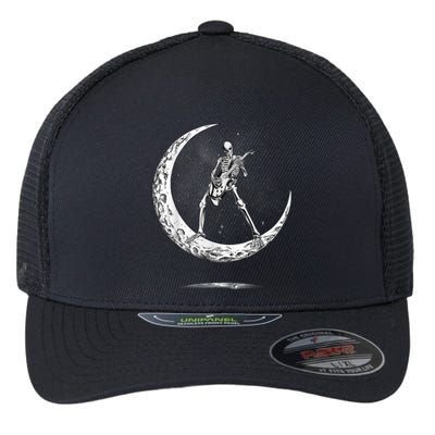 Rock On Skeleton Moon Rock And Roll Funny Halloween Flexfit Unipanel Trucker Cap