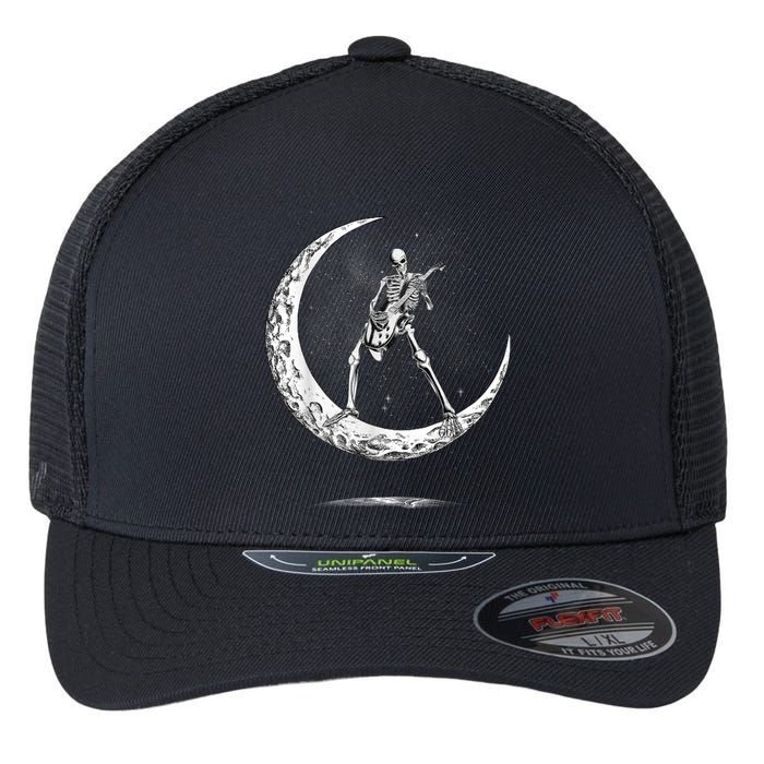 Rock On Skeleton Moon Rock And Roll Funny Halloween Flexfit Unipanel Trucker Cap