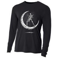 Rock On Skeleton Moon Rock And Roll Funny Halloween Cooling Performance Long Sleeve Crew