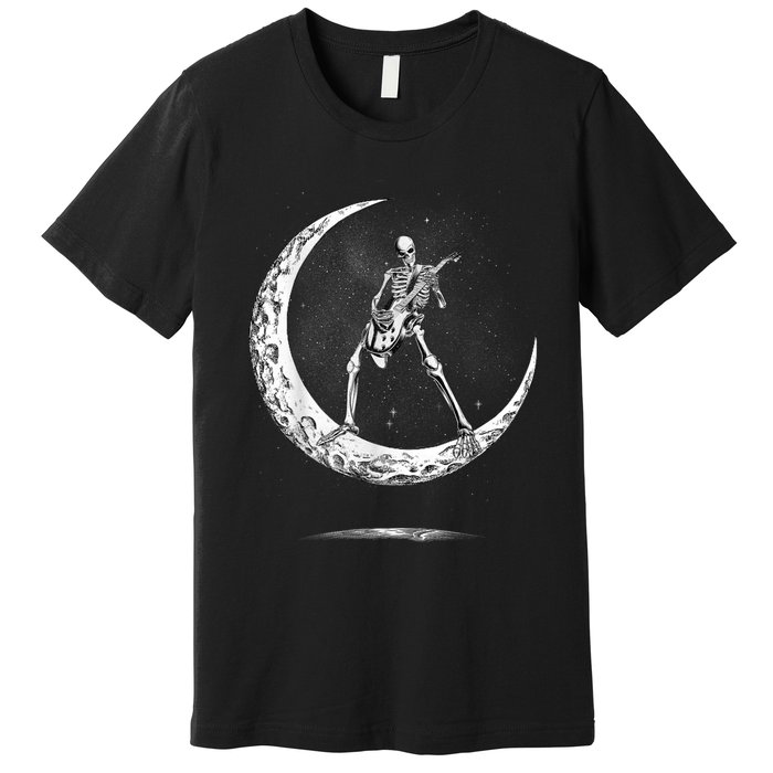 Rock On Skeleton Moon Rock And Roll Funny Halloween Premium T-Shirt