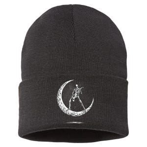 Rock On Skeleton Moon Rock And Roll Funny Halloween Sustainable Knit Beanie