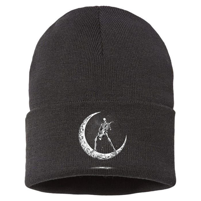 Rock On Skeleton Moon Rock And Roll Funny Halloween Sustainable Knit Beanie