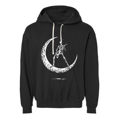 Rock On Skeleton Moon Rock And Roll Funny Halloween Garment-Dyed Fleece Hoodie