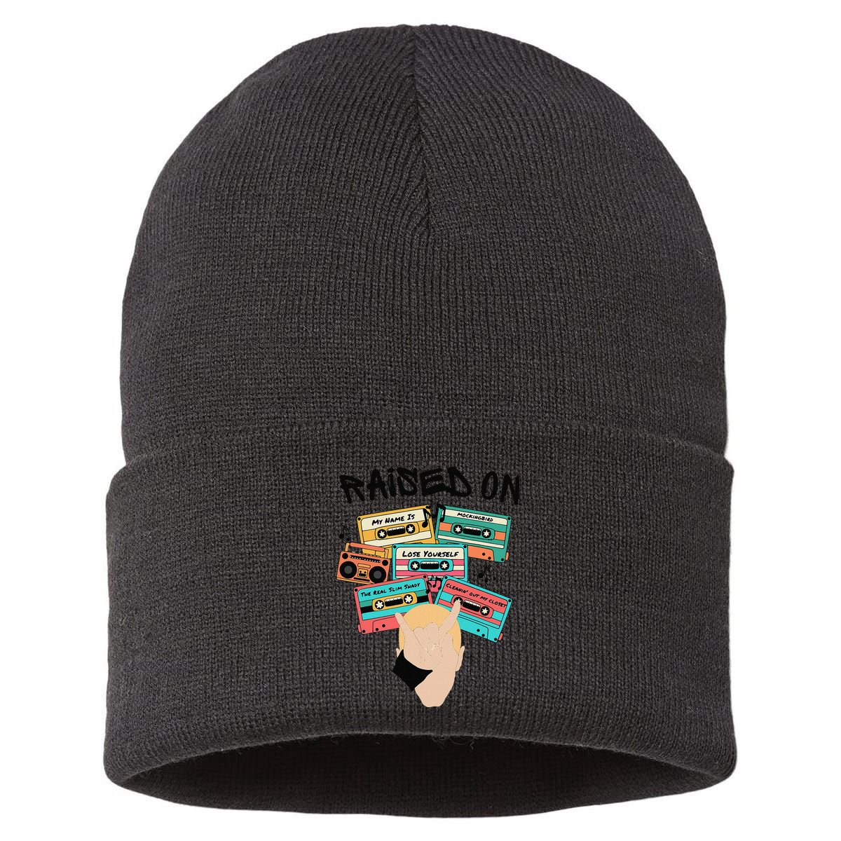 Raised On Slim Retro Cassettes Hip Hop Sustainable Knit Beanie