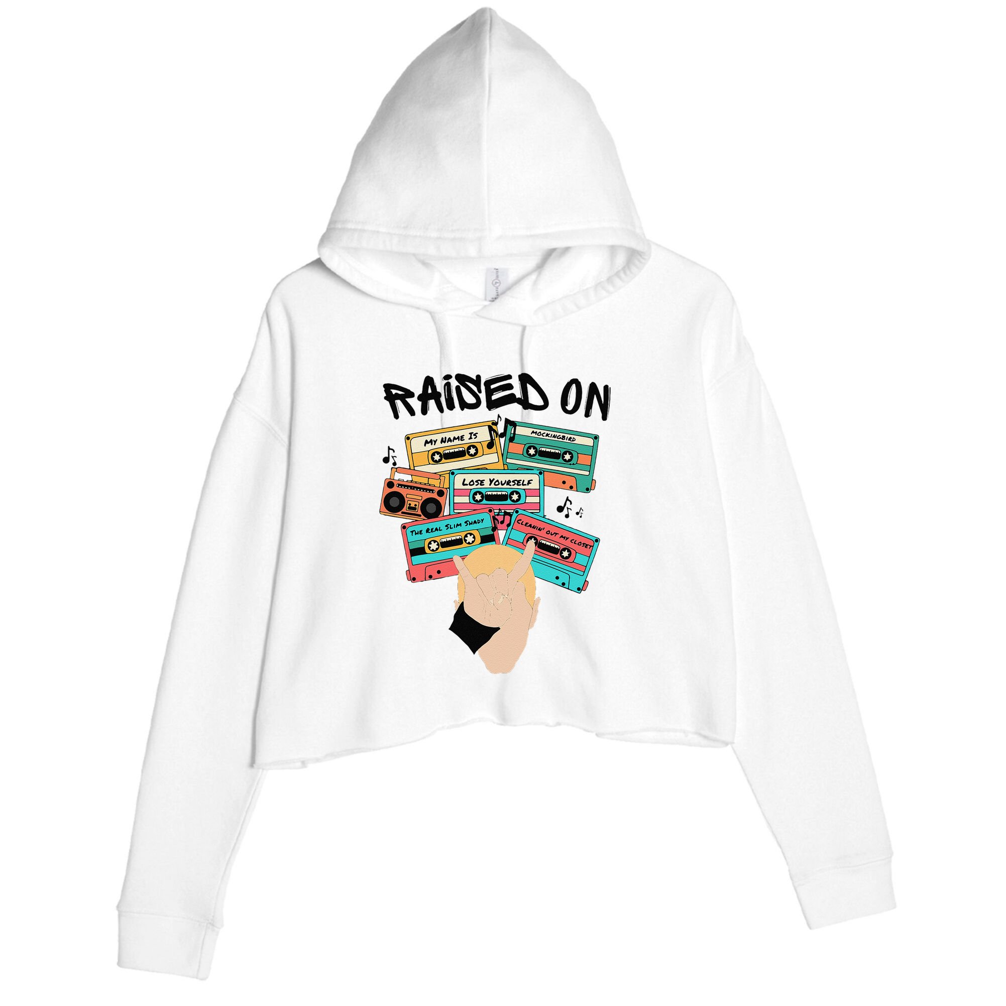 Raised On Slim Retro Cassettes Hip Hop Crop Fleece Hoodie