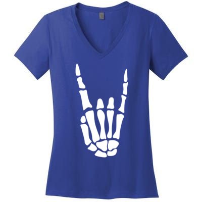 Rock On Skeleton Hand Sign Minimalistic Halloween Costume Gift Women's V-Neck T-Shirt