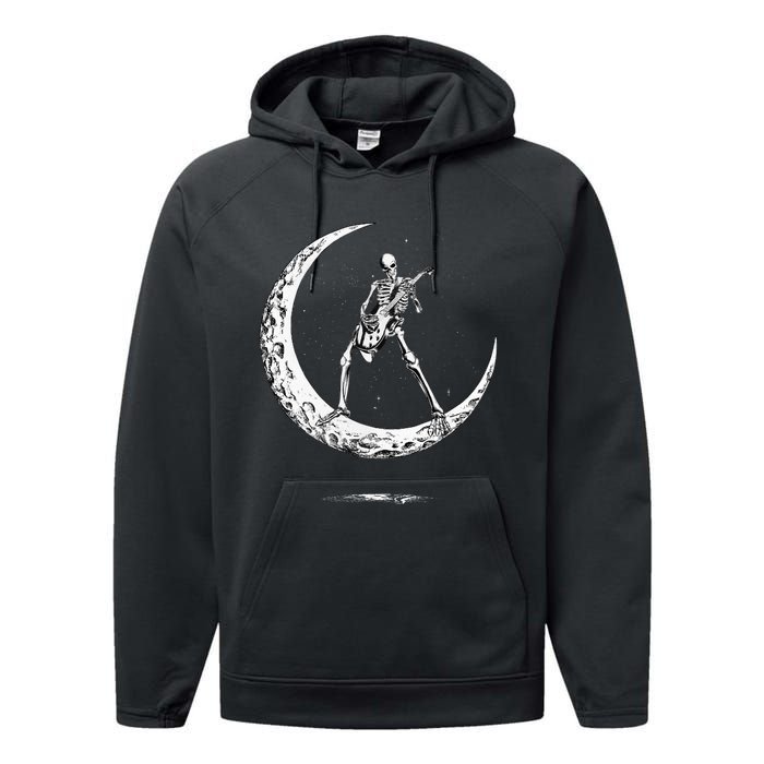 Rock On Skeleton Moon Rock And Roll Performance Fleece Hoodie