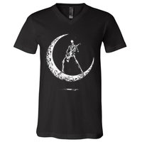 Rock On Skeleton Moon Rock And Roll V-Neck T-Shirt