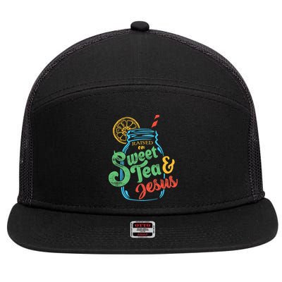 Raised On Sweet Tea & Jesus 7 Panel Mesh Trucker Snapback Hat