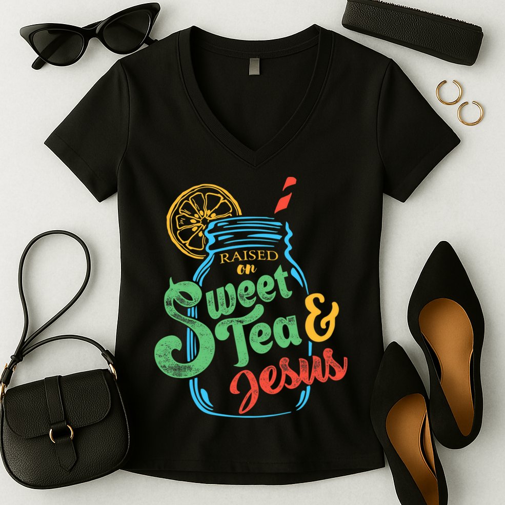 Raised On Sweet Tea & Jesus Women's V-Neck T-Shirt