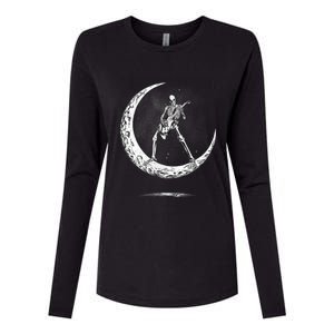 Rock On Skeleton Moon Rock And Roll Womens Cotton Relaxed Long Sleeve T-Shirt