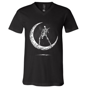 Rock On Skeleton Moon Rock And Roll V-Neck T-Shirt