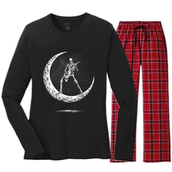 Rock On Skeleton Moon Rock And Roll Women's Long Sleeve Flannel Pajama Set 