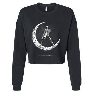 Rock On Skeleton Moon Rock And Roll Cropped Pullover Crew