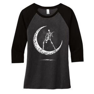 Rock On Skeleton Moon Rock And Roll Women's Tri-Blend 3/4-Sleeve Raglan Shirt