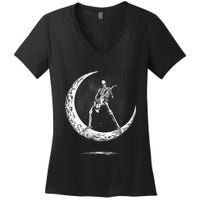 Rock On Skeleton Moon Rock And Roll Women's V-Neck T-Shirt