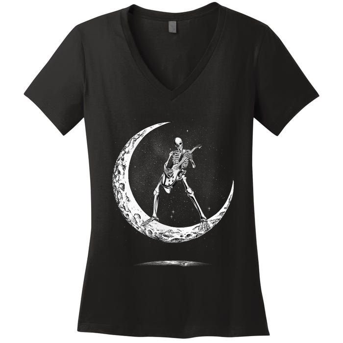 Rock On Skeleton Moon Rock And Roll Women's V-Neck T-Shirt