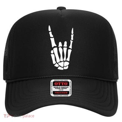 Rock On Skeleton Hand Sign Minimalistic Halloween Costume High Crown Mesh Back Trucker Hat