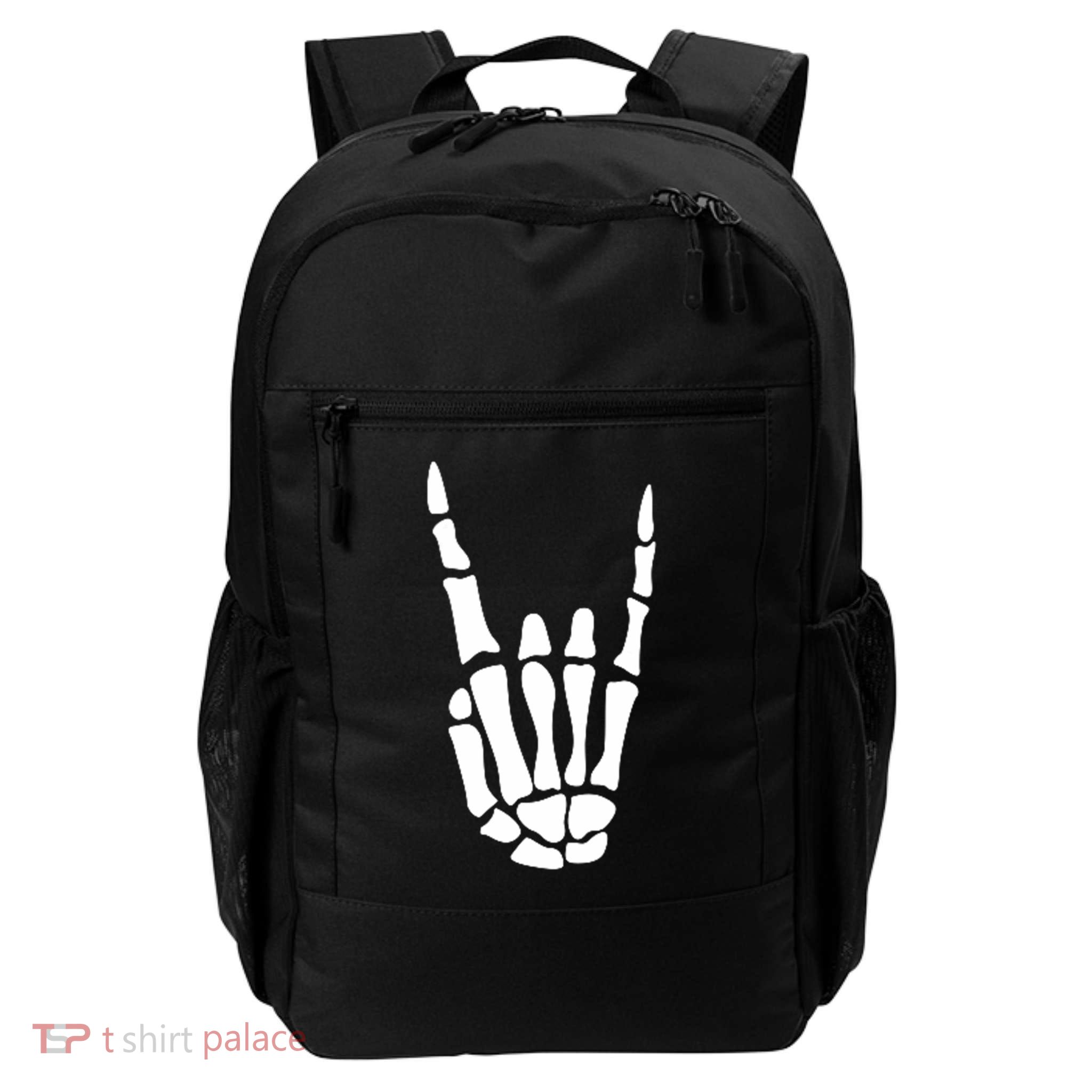 Rock On Skeleton Hand Sign Minimalistic Halloween Costume Daily Commute Backpack