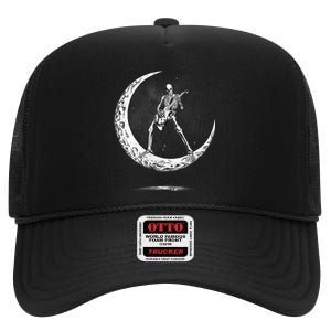 Rock On Skeleton Moon Rock And Roll Halloween High Crown Mesh Back Trucker Hat