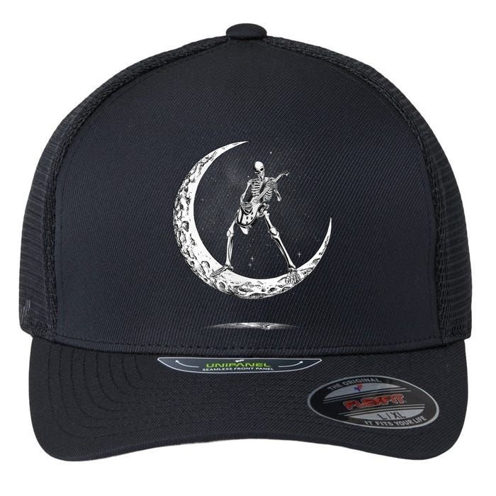 Rock On Skeleton Moon Rock And Roll Halloween Flexfit Unipanel Trucker Cap