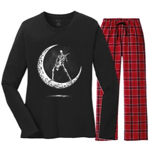 Rock On Skeleton Moon Rock And Roll Halloween Women's Long Sleeve Flannel Pajama Set 