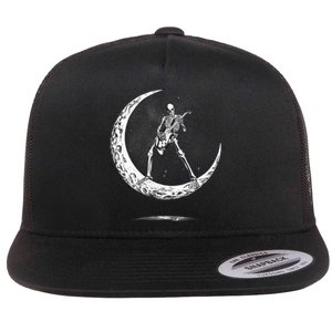 Rock On Skeleton Moon Rock And Roll Halloween Flat Bill Trucker Hat