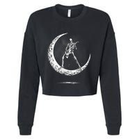 Rock On Skeleton Moon Rock And Roll Halloween Cropped Pullover Crew