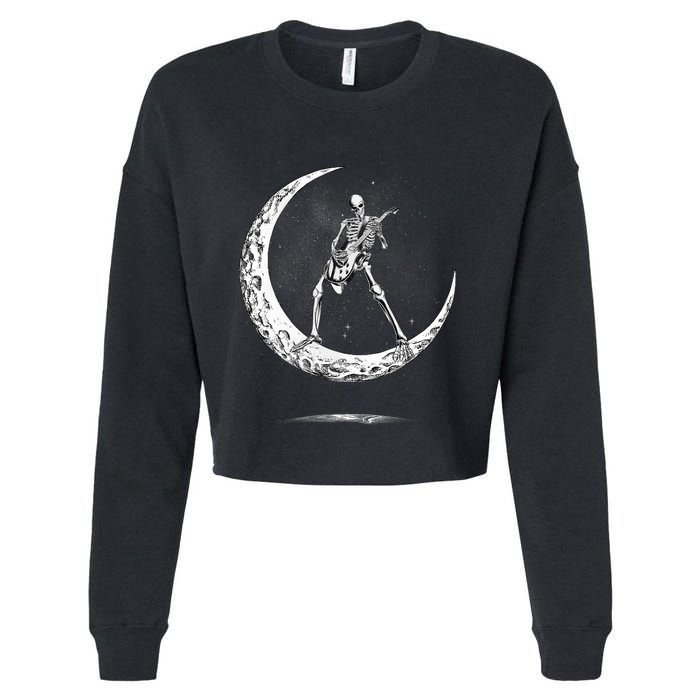 Rock On Skeleton Moon Rock And Roll Halloween Cropped Pullover Crew