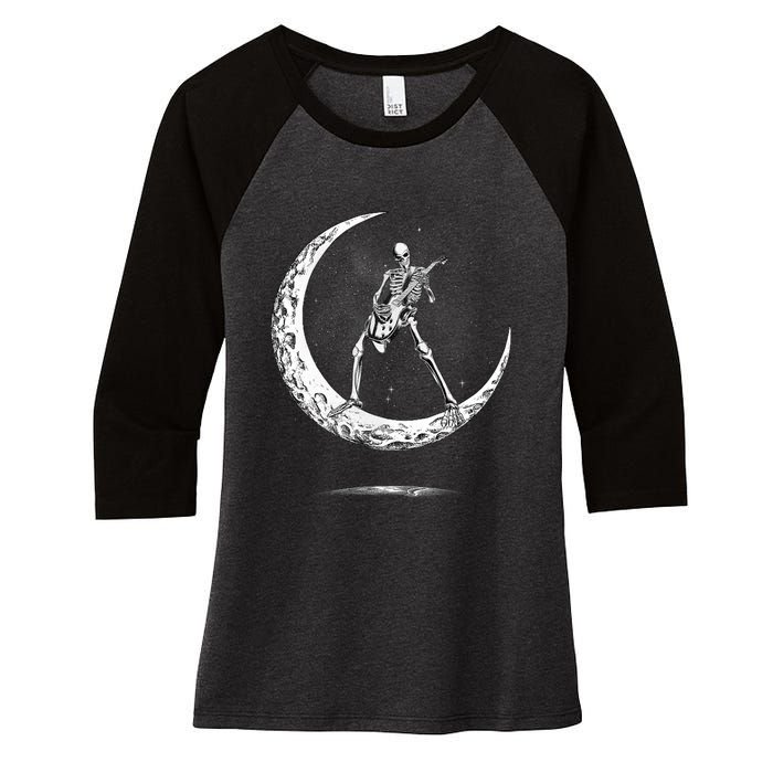 Rock On Skeleton Moon Rock And Roll Halloween Women's Tri-Blend 3/4-Sleeve Raglan Shirt