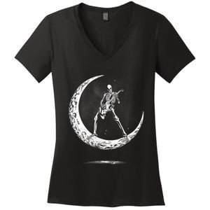 Rock On Skeleton Moon Rock And Roll Halloween Women's V-Neck T-Shirt