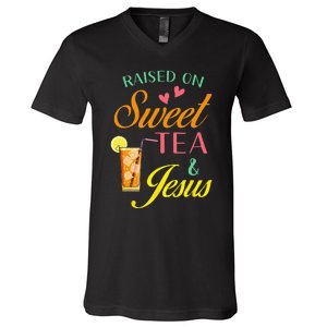 Raised On Sweet Tea And Jesus Funny Sweet Tea Christian V-Neck T-Shirt