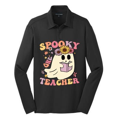 Retro One Spooky Teacher Cute Floral Ghost Halloween Teacher Gift Silk Touch Performance Long Sleeve Polo