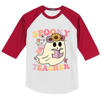 Retro One Spooky Teacher Cute Floral Ghost Halloween Teacher Gift Kids Colorblock Raglan Jersey